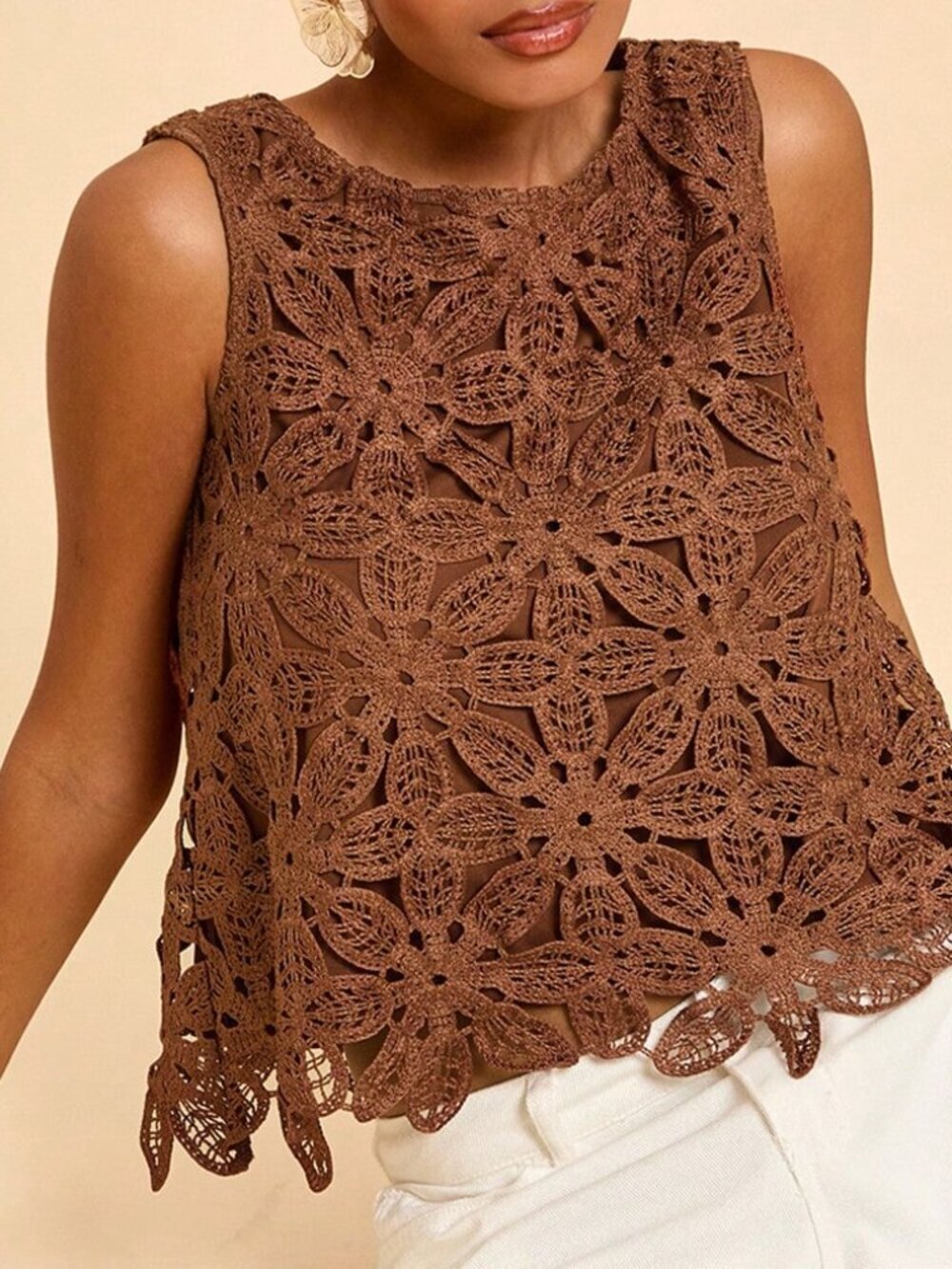 Coffee Brown Boho Crochet Women's Sleeveless Crew Neck Top Vacation Beach - Picture 7 of 7